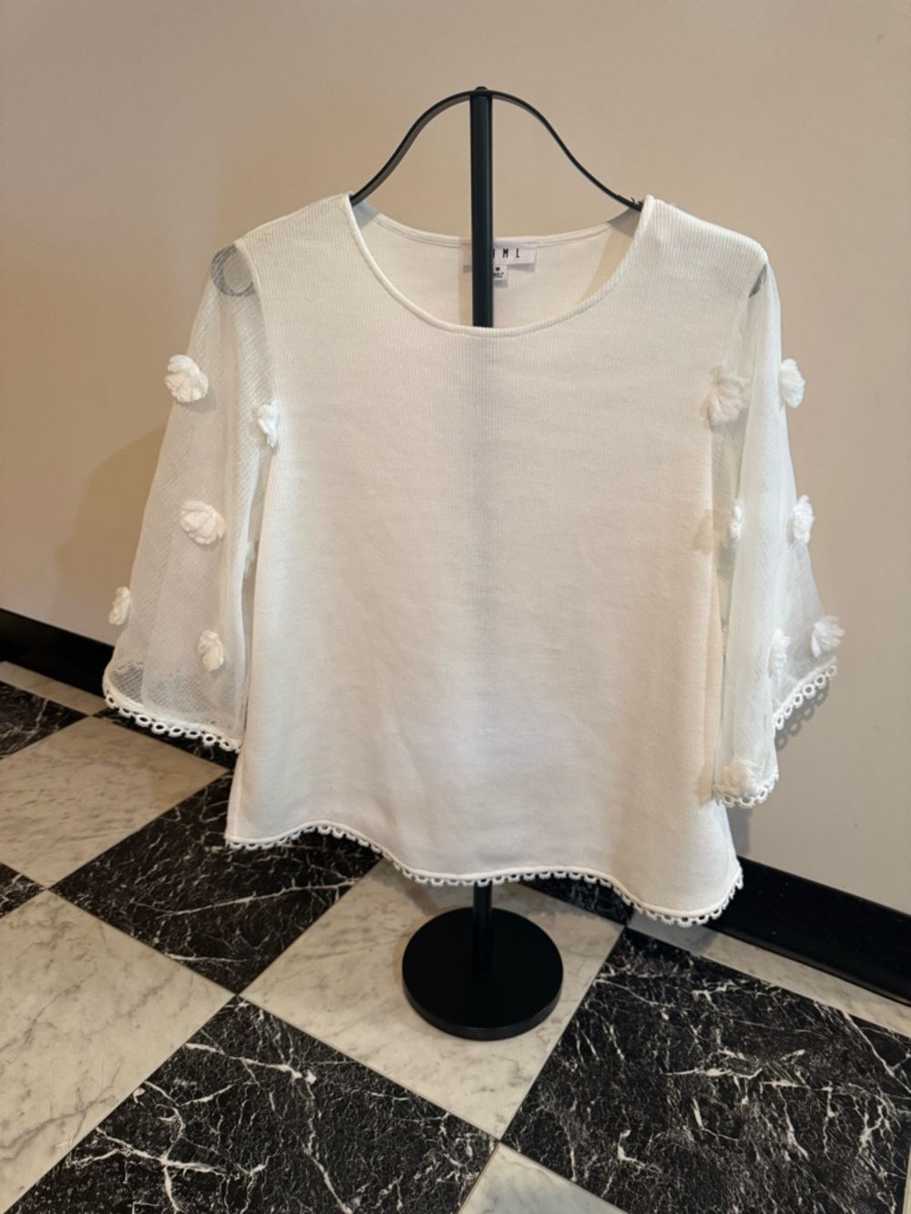 THML White Pom Pom Mesh Sleeve Top Women’s Medium Boho Romantic Cottagecore